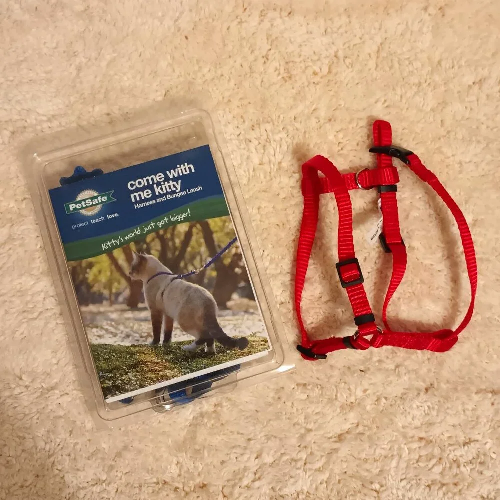 EUC~ PetSafe Come w/ Me Kitty Nylon Cat Harness & Bungee Leash + 1 Red Harness